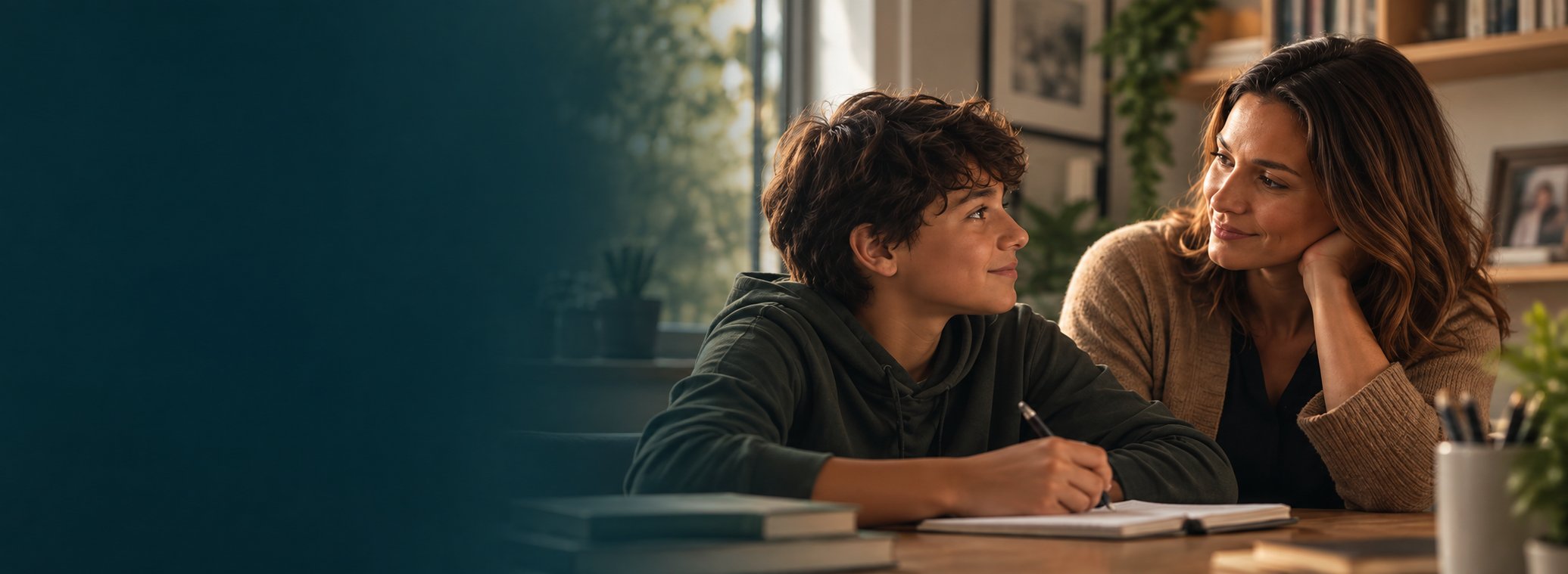 Responsável conversando de forma acolhedora com um adolescente