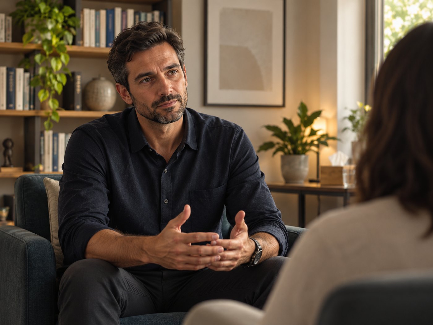 Psicólogo em uma sessão individual, conversando atentamente com uma paciente