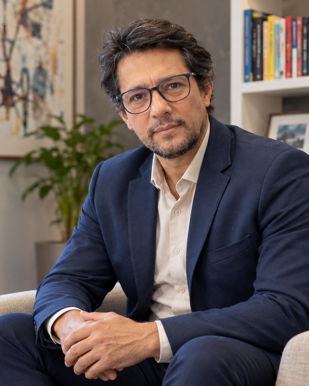 Cesar Coutinho, psicólogo clínico em Indaiatuba, de terno e óculos diante da estante do consultório — CRP 06/223499
