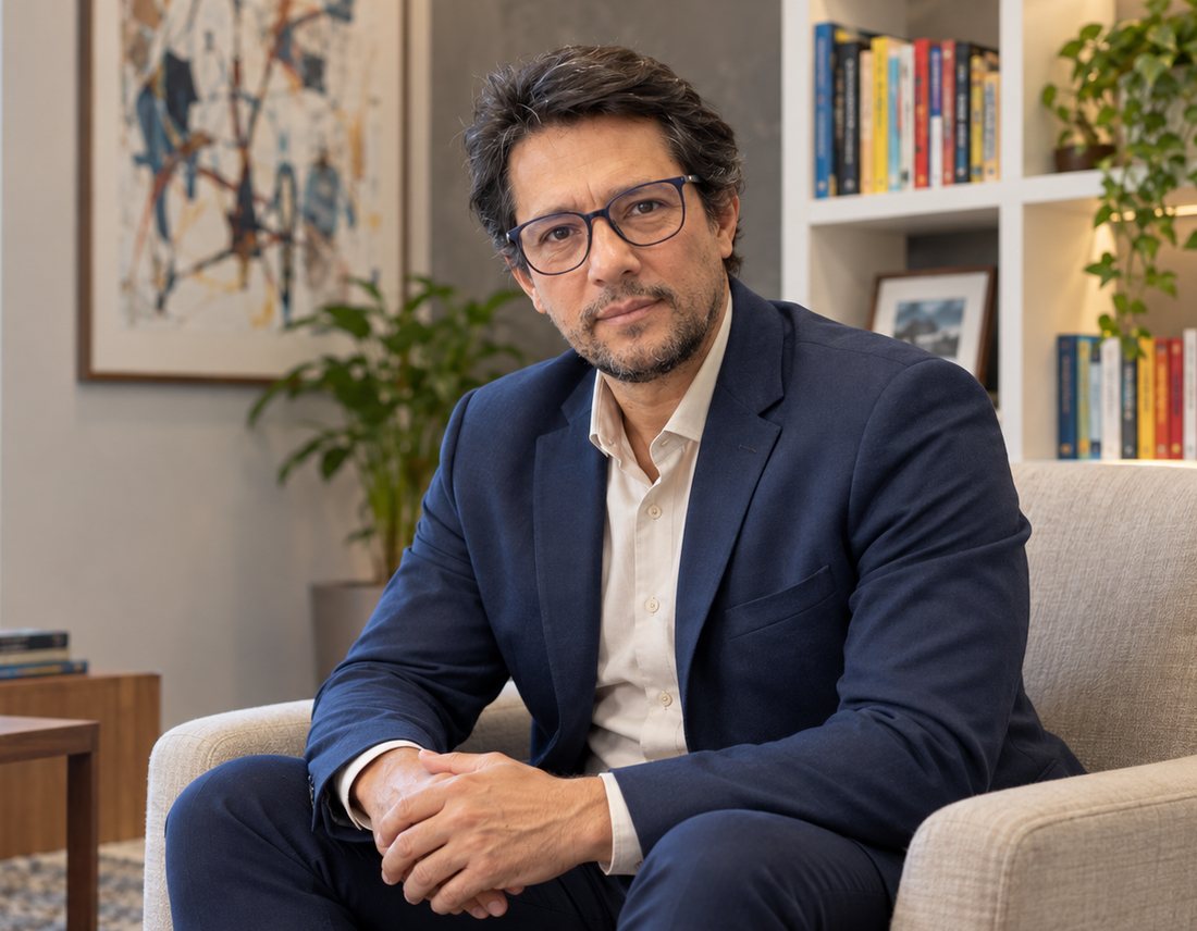 Cesar Coutinho, psicólogo clínico em Indaiatuba, sentado à escrivaninha do consultório — CRP 06/223499