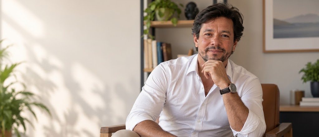 Cesar Coutinho, psicólogo clínico em Indaiatuba, de camisa branca em sala iluminada — CRP 06/223499