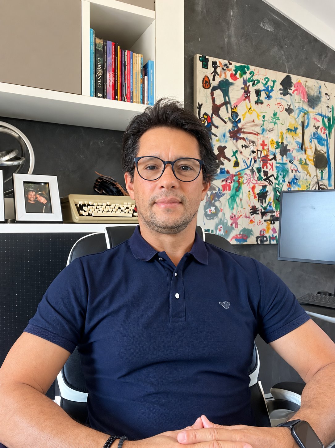 Cesar Coutinho, psicólogo clínico em Indaiatuba — de camisa polo azul-marinho e óculos, no escritório — CRP 06/223499