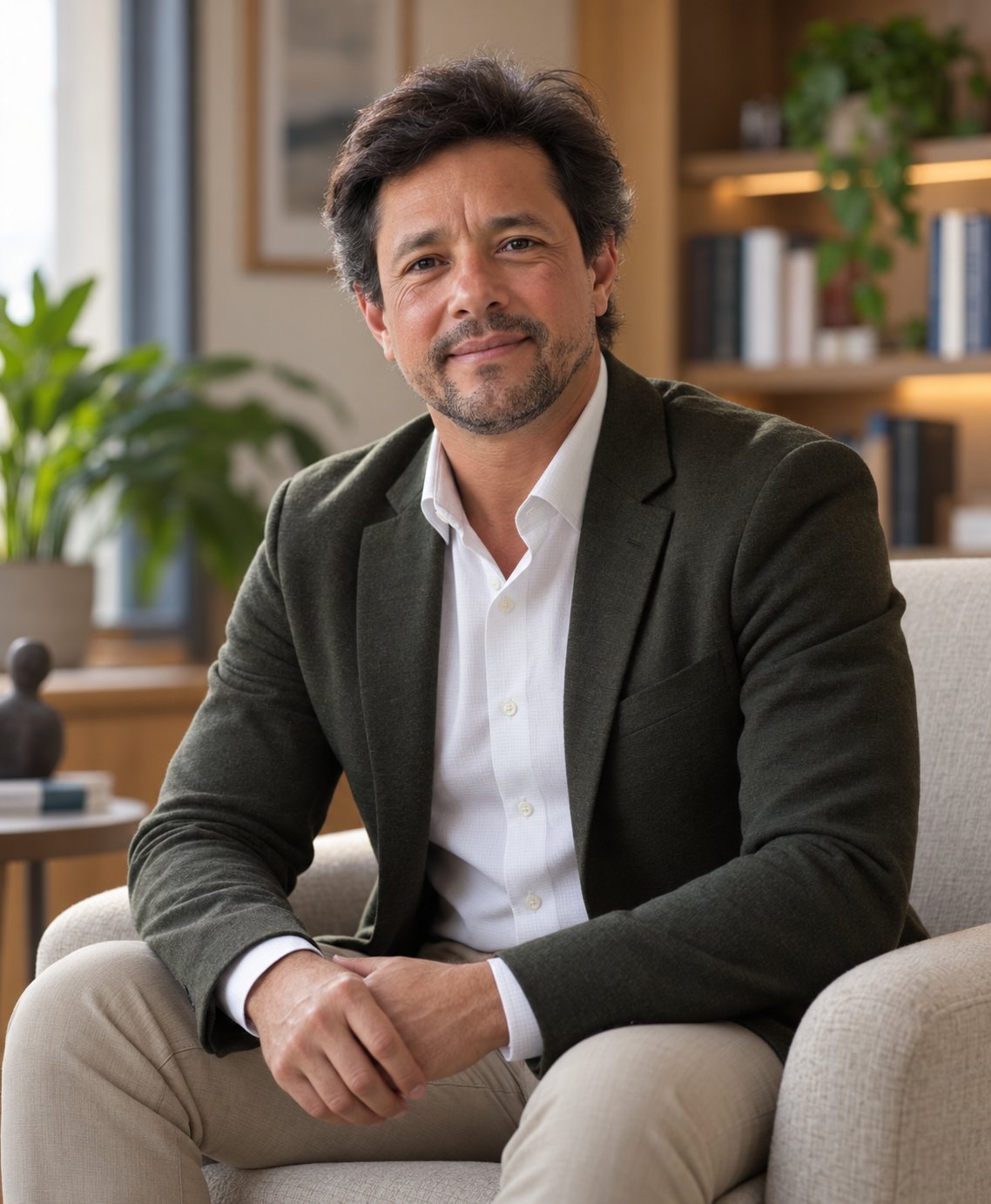Cesar Coutinho, psicólogo clínico em Indaiatuba — de blazer verde-oliva, sentado em poltrona clara — CRP 06/223499