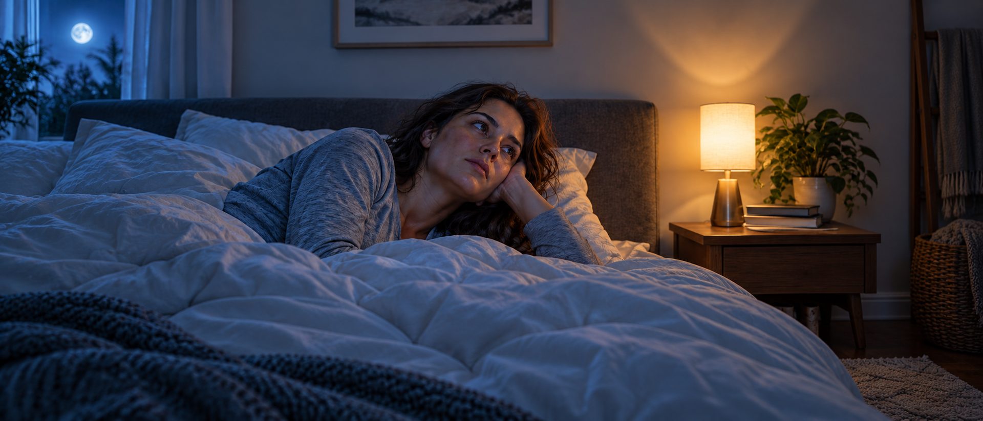 Mulher acordada na cama durante a noite, em ambiente iluminado por luz azul e abajur