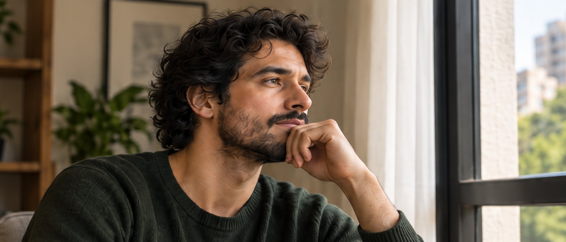 Pessoa adulta em momento reflexivo próxima a uma janela