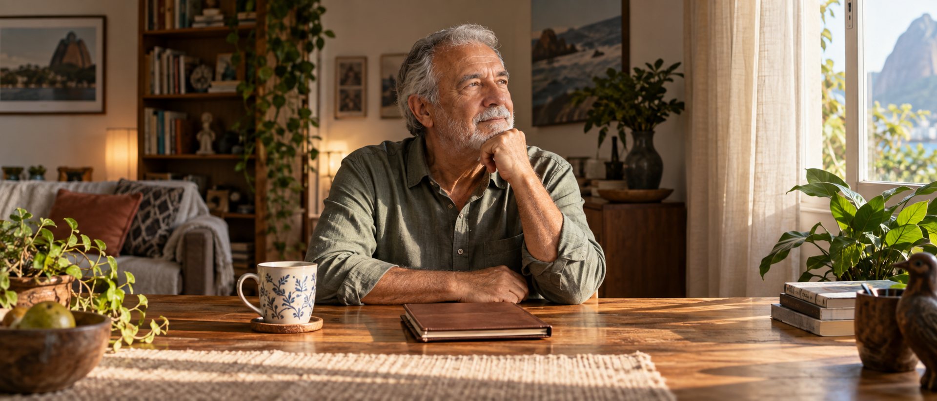 Senhor idoso sentado à mesa de casa pela manhã, olhando pela janela, com um caderno fechado e uma xícara ao lado.