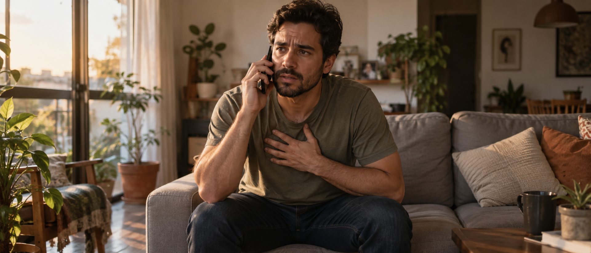 Homem adulto sentado na ponta de um sofá, com uma das mãos no peito, conversando ao telefone em busca de orientação.