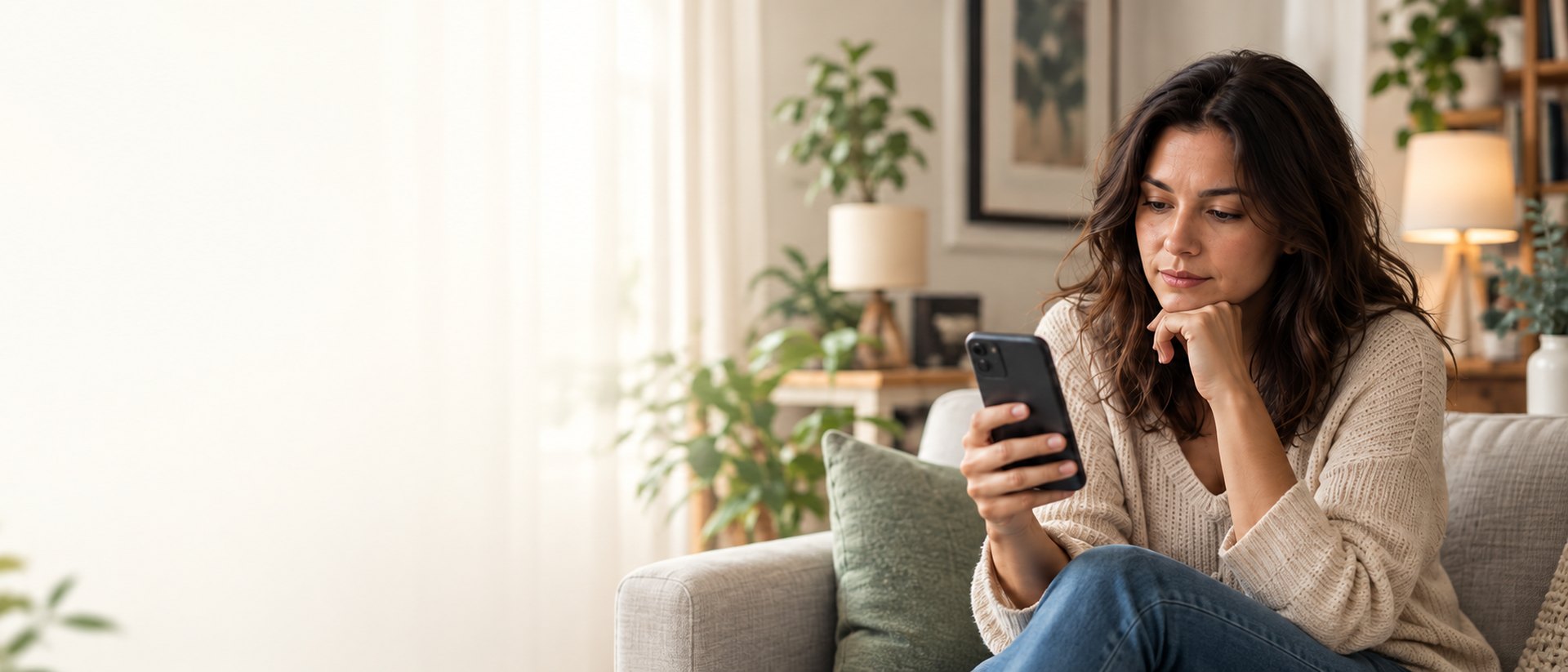 Mulher sentada em um sofá, observando o celular com expressão pensativa, em uma sala com plantas e luz natural