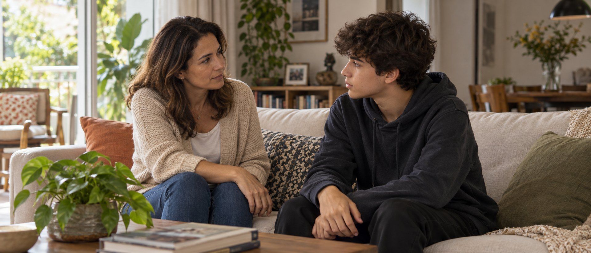 Mãe e filho adolescente conversam com calma em uma sala iluminada pela luz natural.