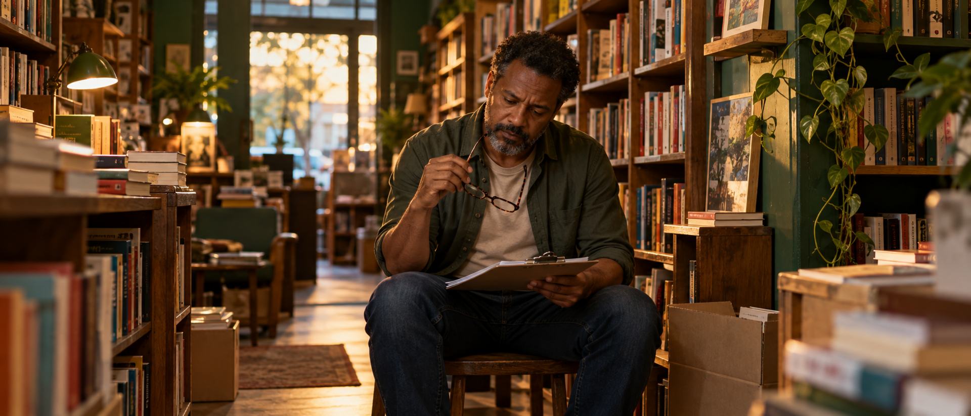 Homem adulto em uma livraria ao fim do dia, sentado com os óculos na mão e uma prancheta no colo, demonstrando cansaço mental.