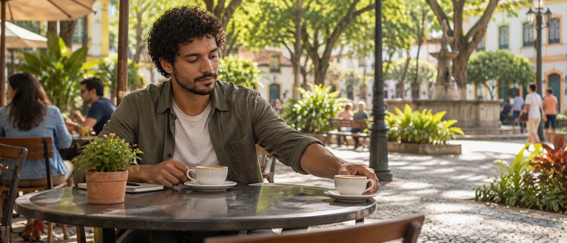 Homem adulto sentado em um café ao ar livre numa praça, afastando com a mão uma segunda xícara enquanto observa a própria respiração.