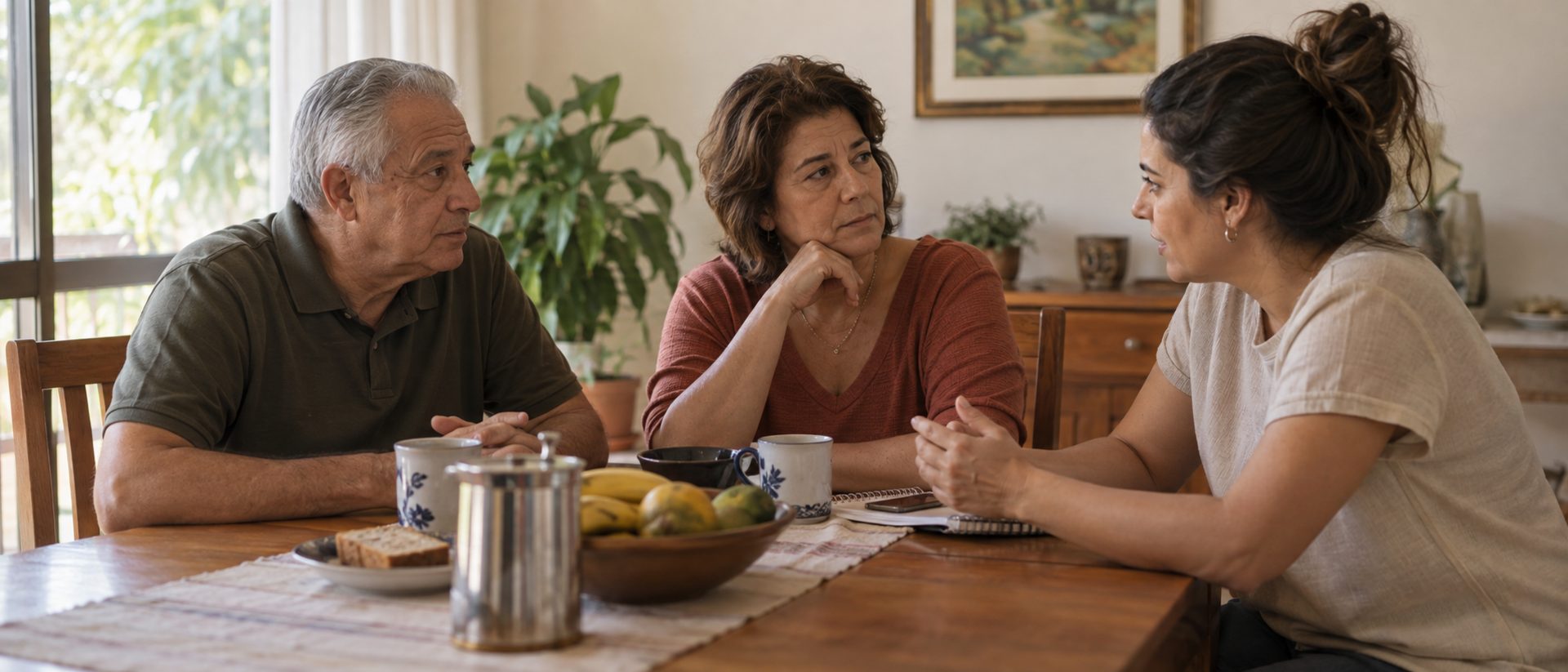 Família adulta conversando à mesa de casa, com atenção e seriedade, durante um momento de reorganização diante do tratamento.