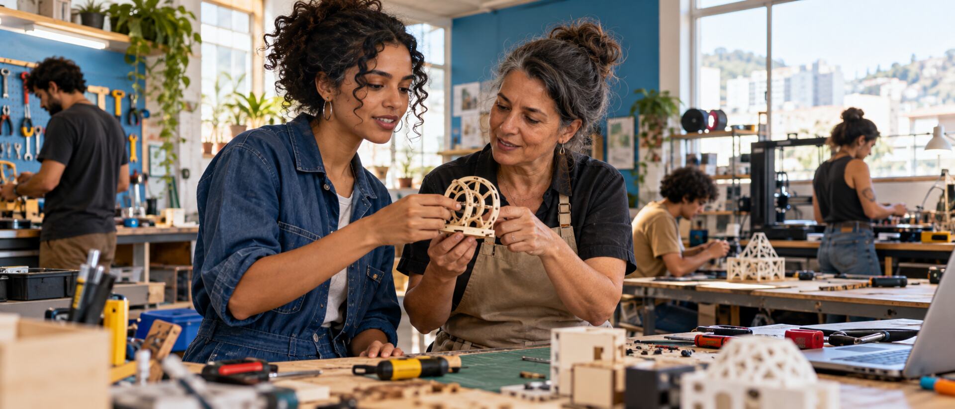 Jovem adulta e profissional mais velha examinando juntas um protótipo de madeira em uma oficina de fabricação digital iluminada.