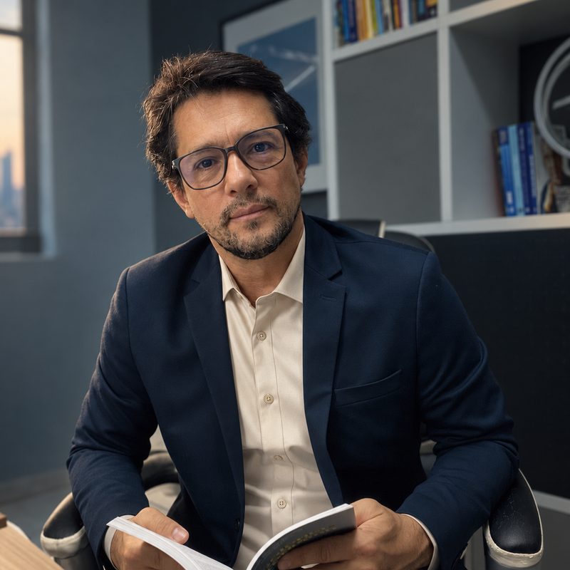 Cesar Coutinho, psicólogo clínico em Indaiatuba, de terno e óculos com um livro aberto no consultório — CRP 06/223499