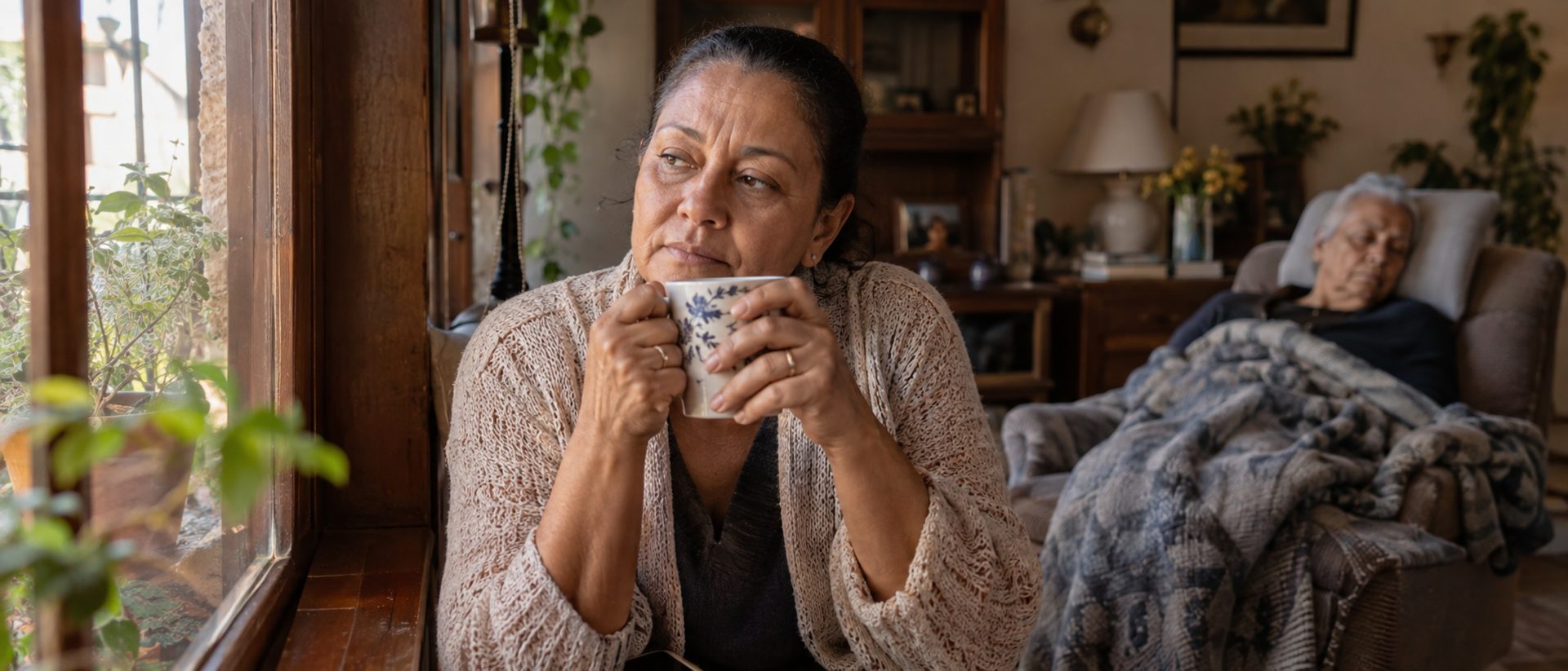 Mulher adulta cuidadora fazendo uma pausa junto à janela, com uma xícara nas mãos, enquanto um familiar descansa ao fundo.