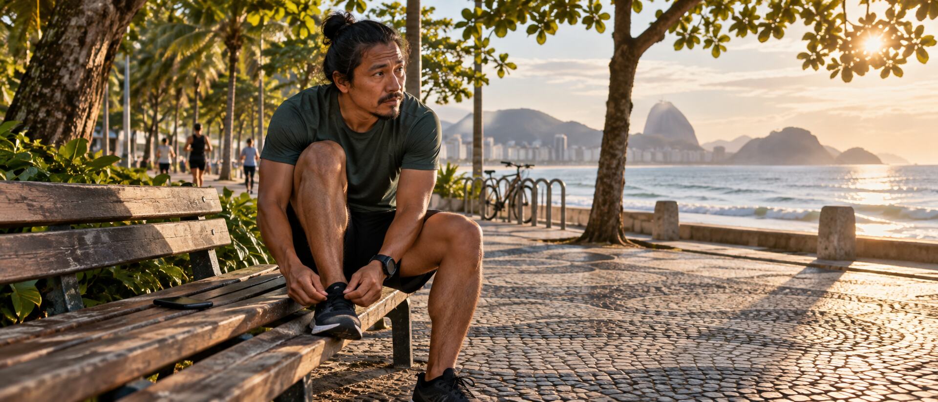 Homem adulto sentado em um banco de calçadão à beira-mar ao amanhecer, amarrando o tênis para correr, com o celular virado para baixo ao lado.