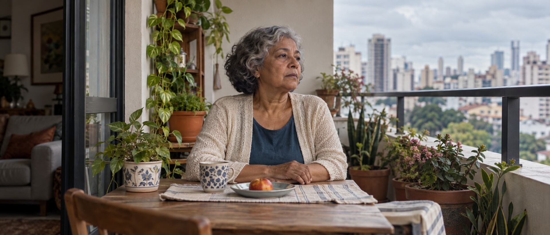 Mulher idosa em uma varanda urbana diante de um café da manhã intocado, com expressão neutra e olhar distante.