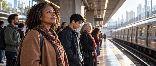 Pessoas diversas aguardando o trem em uma plataforma urbana durante a manhã.