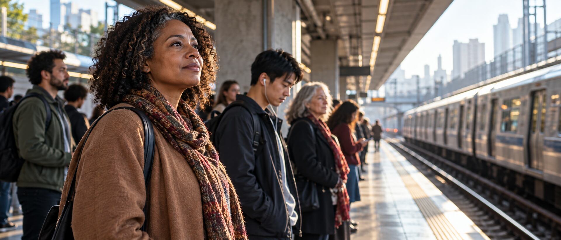 Pessoas diversas aguardando o trem em uma plataforma urbana durante a manhã.