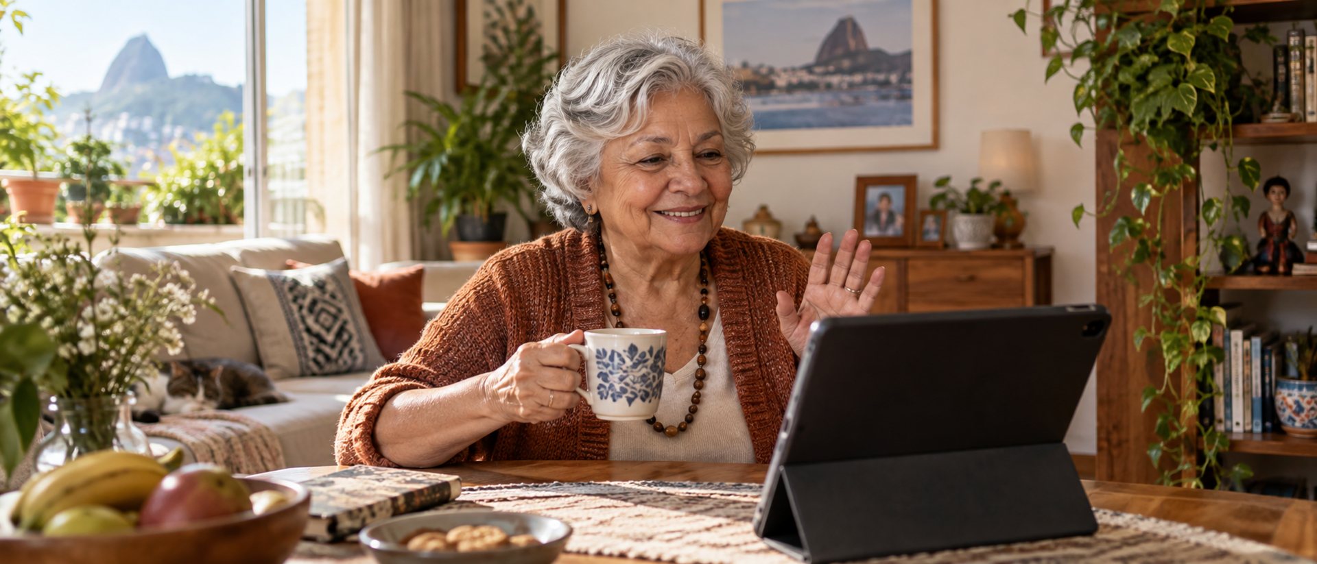 Senhora idosa em casa, sorrindo durante uma videochamada em um tablet, com uma xícara na mão.