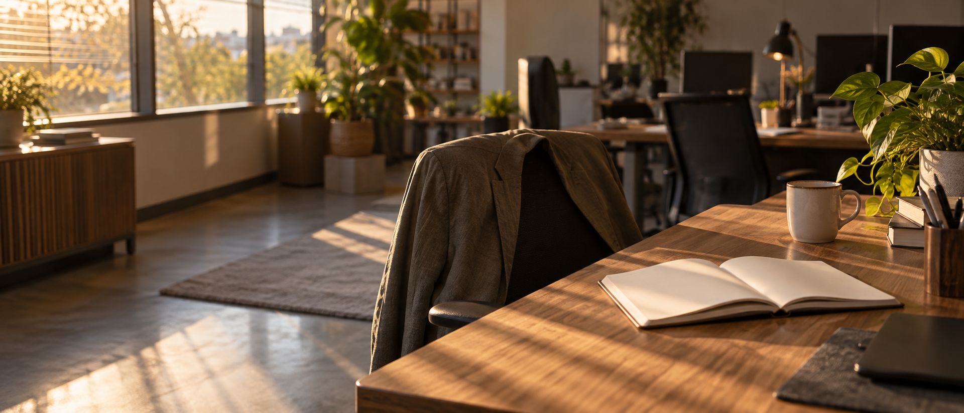 Mesa de escritório ao fim do dia, com caderno aberto, xícara e casaco na cadeira, iluminada por luz de janela
