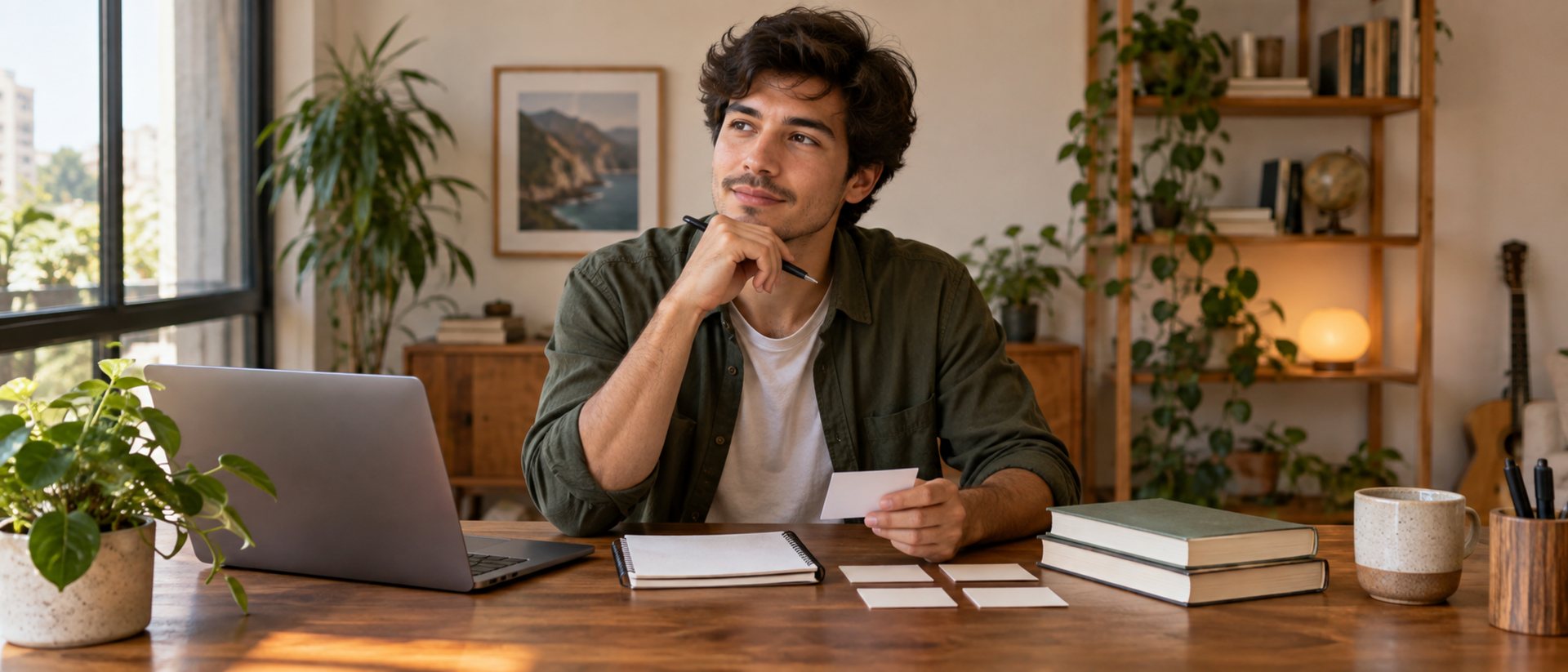 Jovem adulto sentado à escrivaninha de casa, com notebook aberto e alguns papéis, olhando pensativo para o lado.