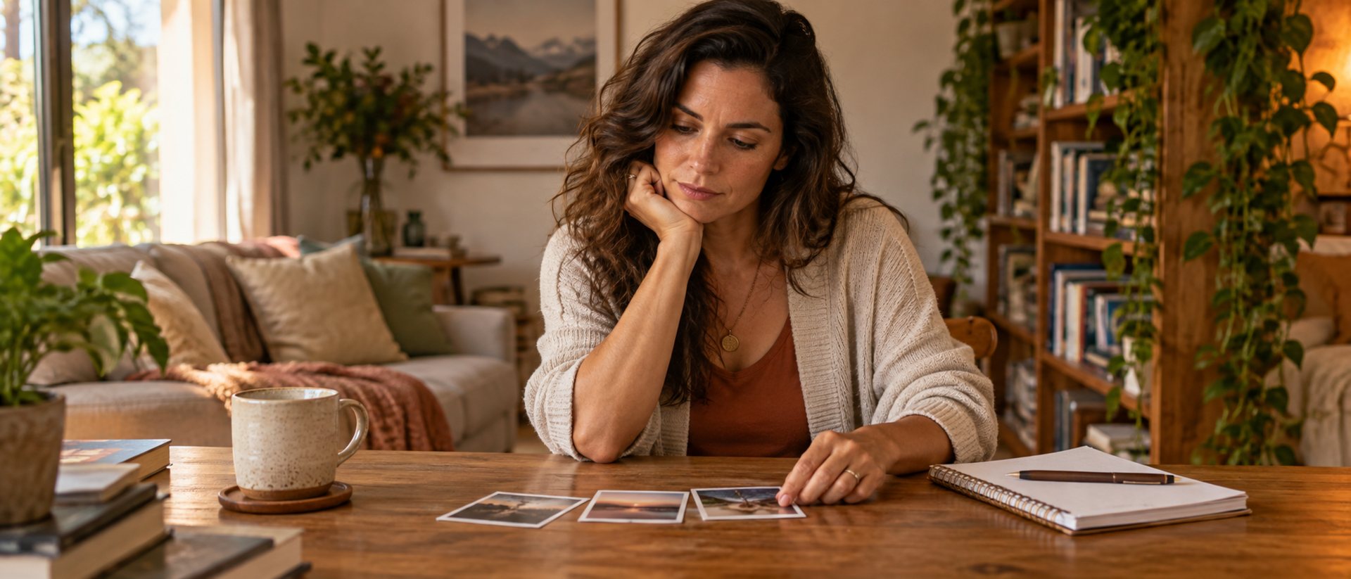 Mulher adulta sentada à mesa de casa, observando com calma algumas fotografias e um caderno aberto.