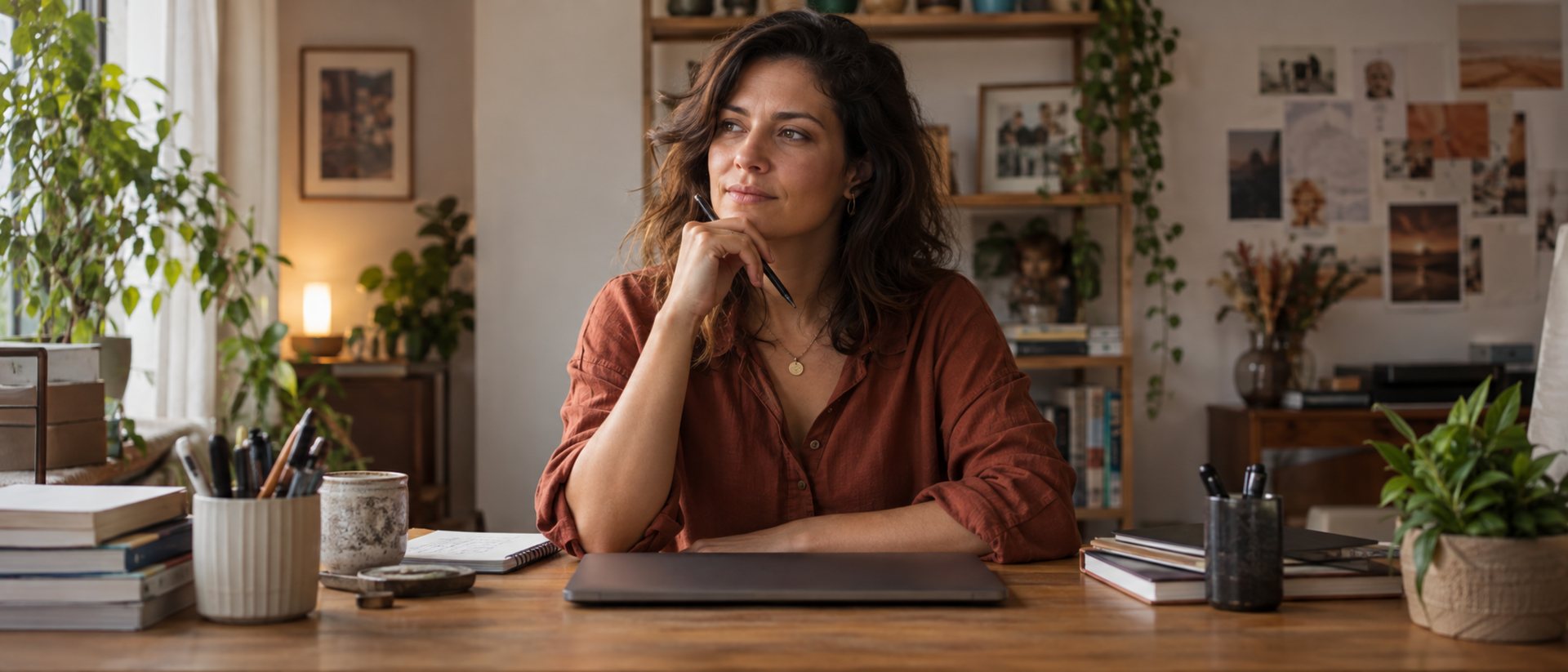 Mulher adulta sentada à escrivaninha de casa, com o notebook fechado e um caderno ao lado, em pausa antes de começar.