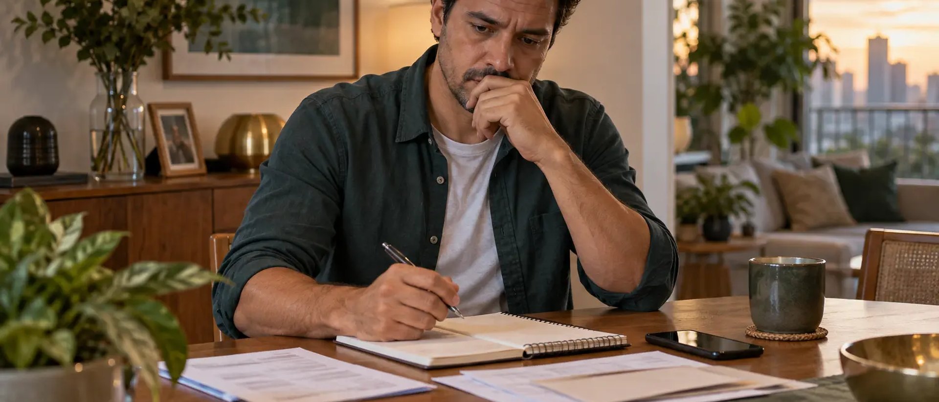 Homem sentado à mesa de jantar ao entardecer, com contas e um caderno abertos à frente, apoiando o queixo na mão enquanto pensa
