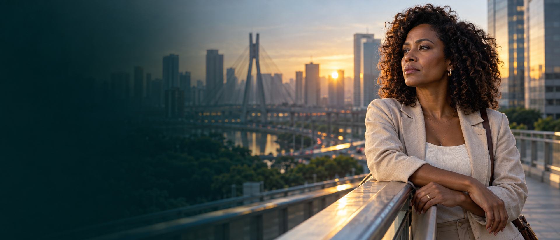 Mulher adulta apoiada no parapeito de uma passarela urbana ao amanhecer, olhando a cidade — imagem da publicação sobre a decisão de se divorciar