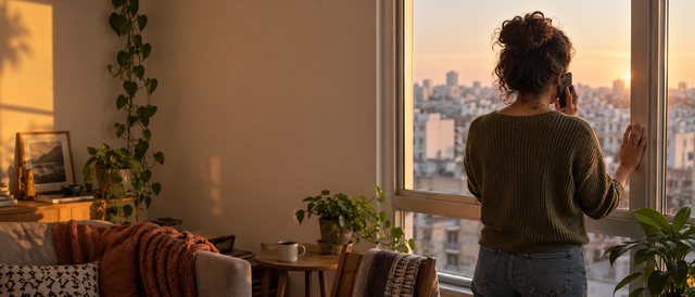 Pessoa de costas junto à janela de um apartamento, falando ao telefone, com vista para uma cidade estrangeira ao entardecer