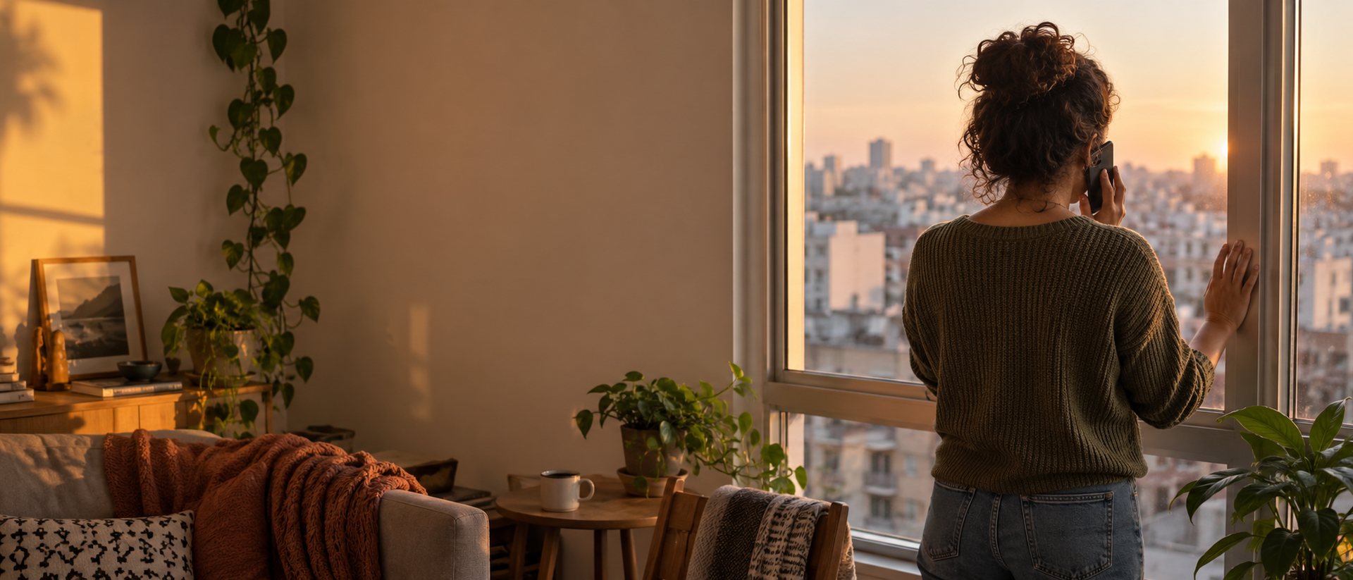 Pessoa de costas junto à janela de um apartamento, falando ao telefone, com vista para uma cidade estrangeira ao entardecer
