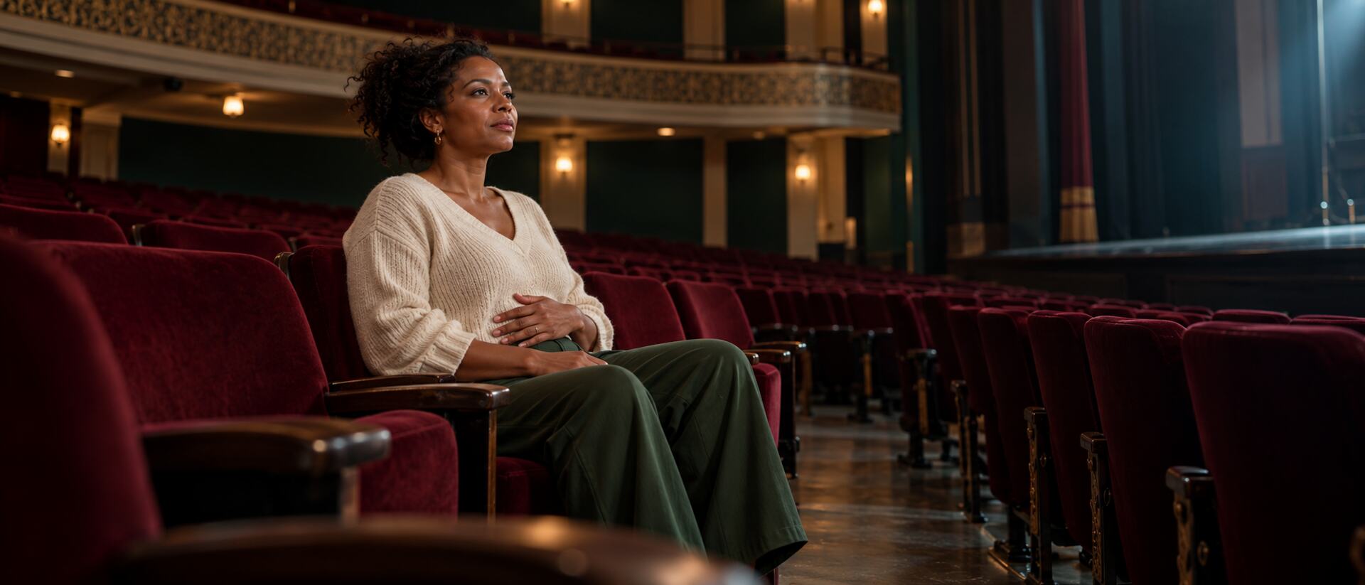 Mulher adulta sentada entre poltronas de um teatro vazio, sob luz lateral suave, com uma das mãos apoiada no abdômen enquanto recupera a respiração.