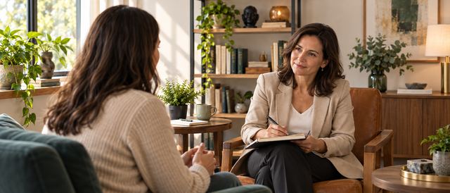 Pessoa em uma primeira conversa de psicoterapia com uma psicóloga em consultório acolhedor.