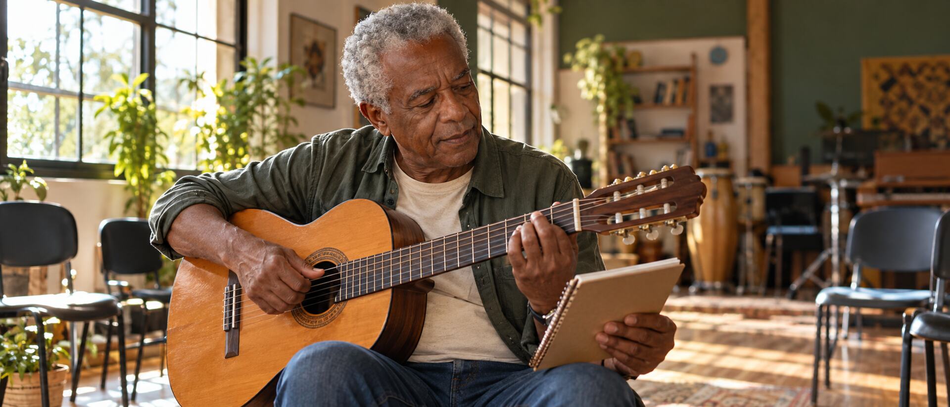 Homem idoso aprendendo violão em uma sala de música iluminada, concentrado no caderno e em um novo acorde.