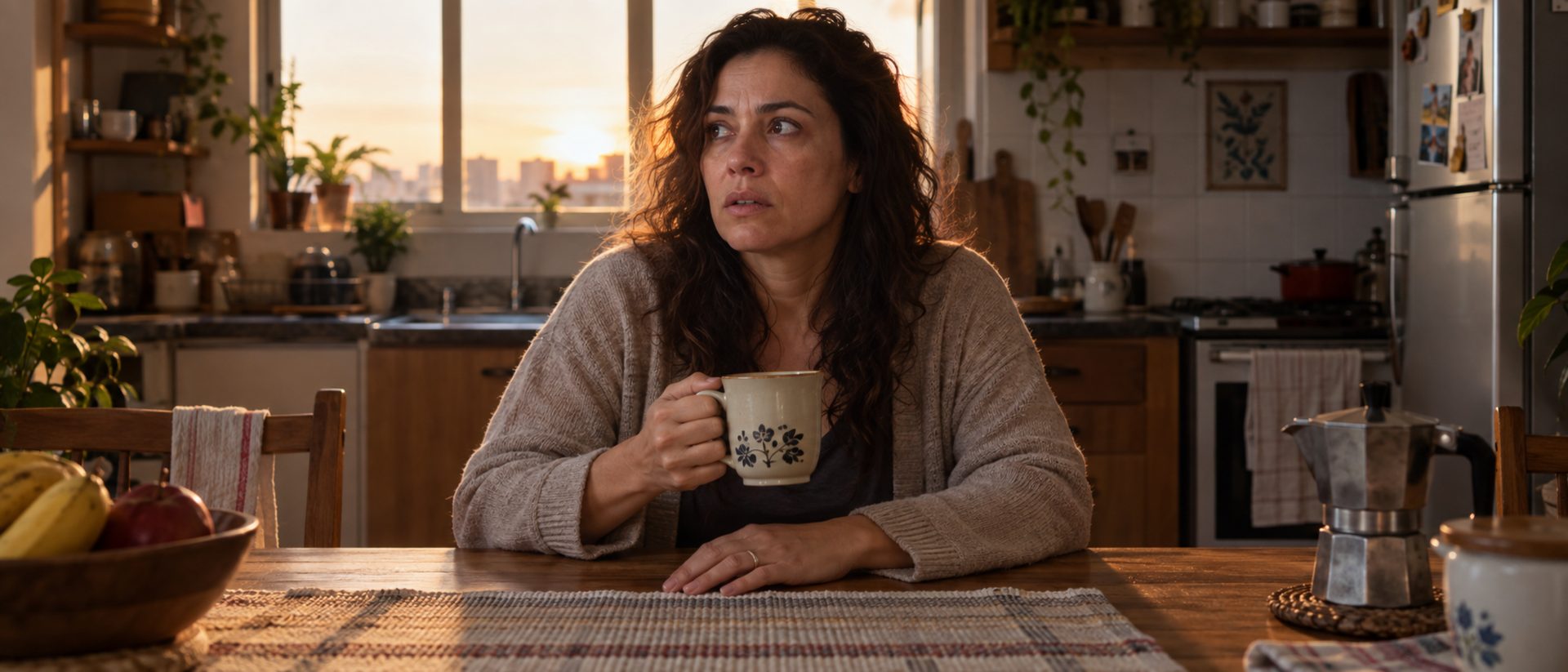 Mulher adulta sentada à mesa de uma cozinha ao amanhecer, com uma caneca nas mãos, depois de uma sensação súbita de medo.