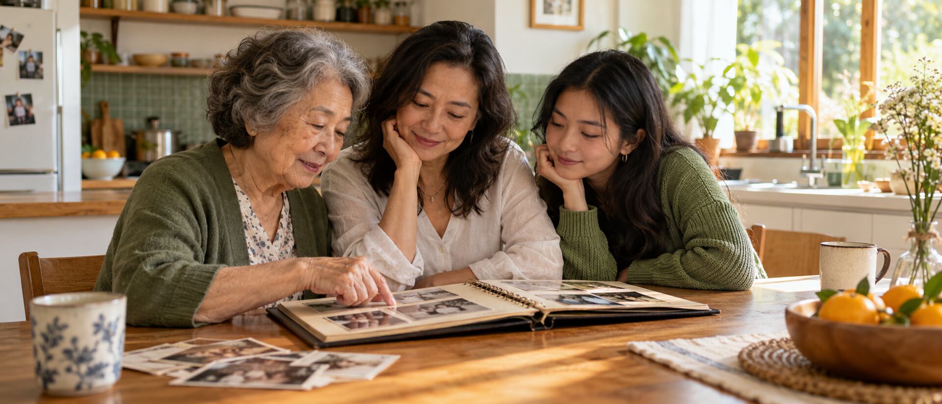 Avó, filha e neta sentadas à mesa da cozinha observando juntas um álbum de fotografias antigo, sob luz da manhã.