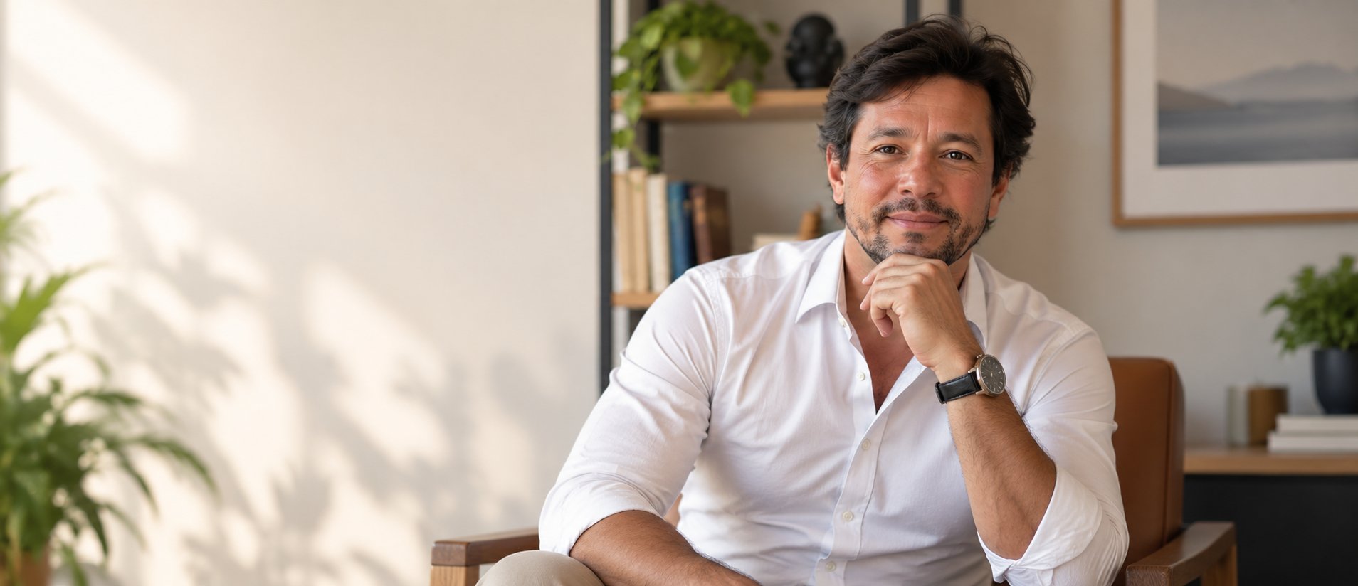 Cesar Coutinho, psicólogo clínico em Indaiatuba — retrato de camisa branca, sentado na poltrona do consultório — CRP 06/223499